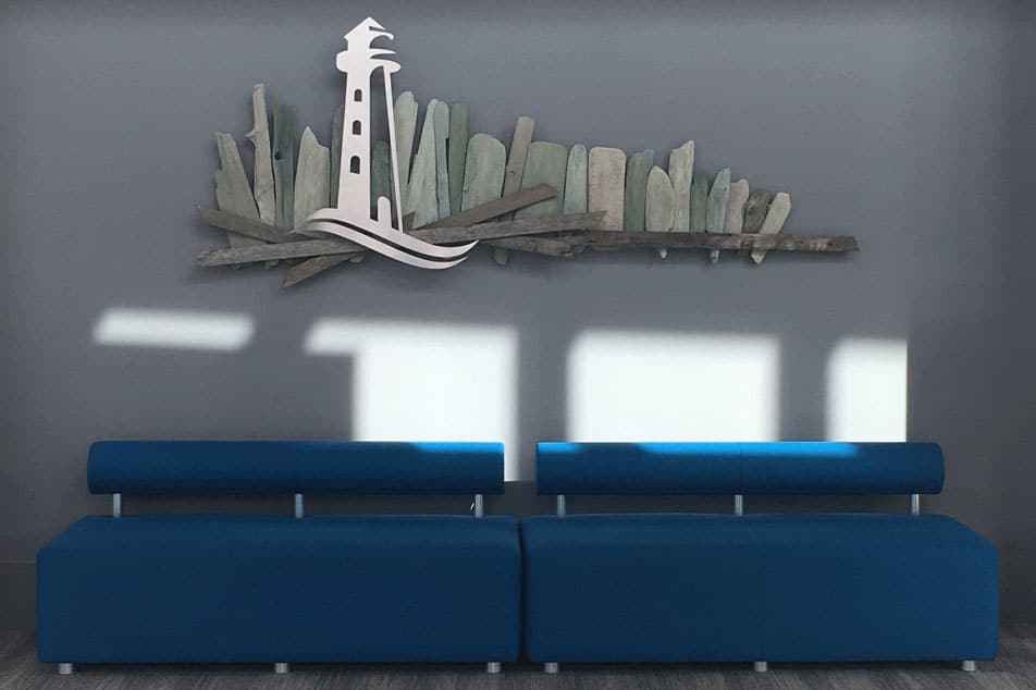 Modern blue bird sculpture with circular background in architectural signage display.